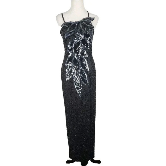 Vintage Black Tie By He-Ro Silk Beaded Sequin Evening Cocktail Dress Size 10 - Picture 1 of 16